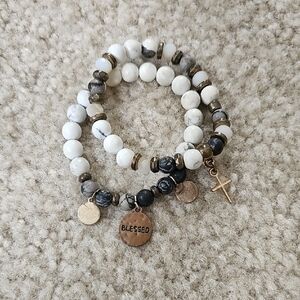 White and Black Beaded Bracelet Set with Charms